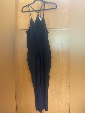 Sleeveless Black Wrap-Front Jumpsuit with Drawstring Waist